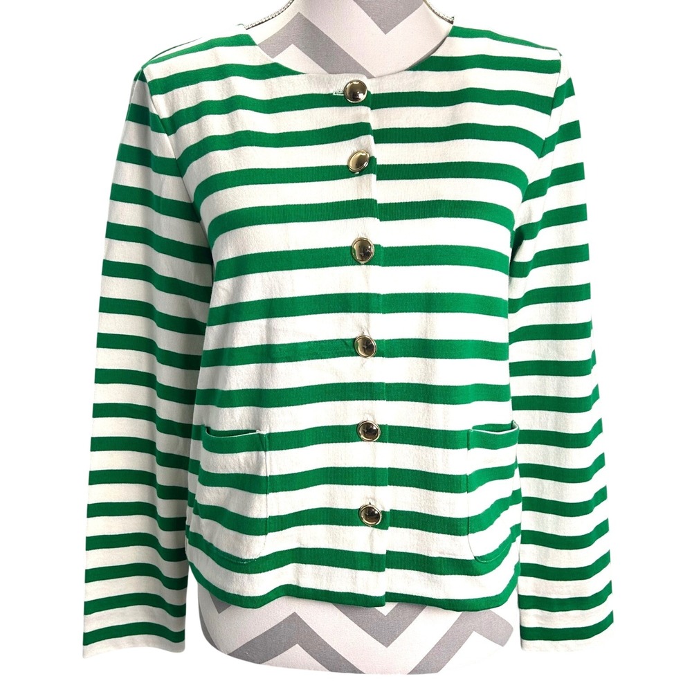 Talbots Petite Preppy Striped Cotton Cardigan Gold Button‎ Green Ivory Medium
